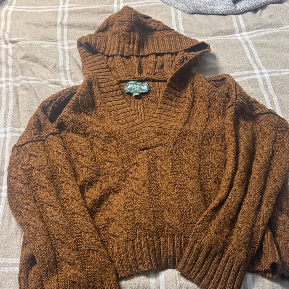 American Eagle Outfitters Rust Brown Cable-Knit Hooded V-Neck Sweater